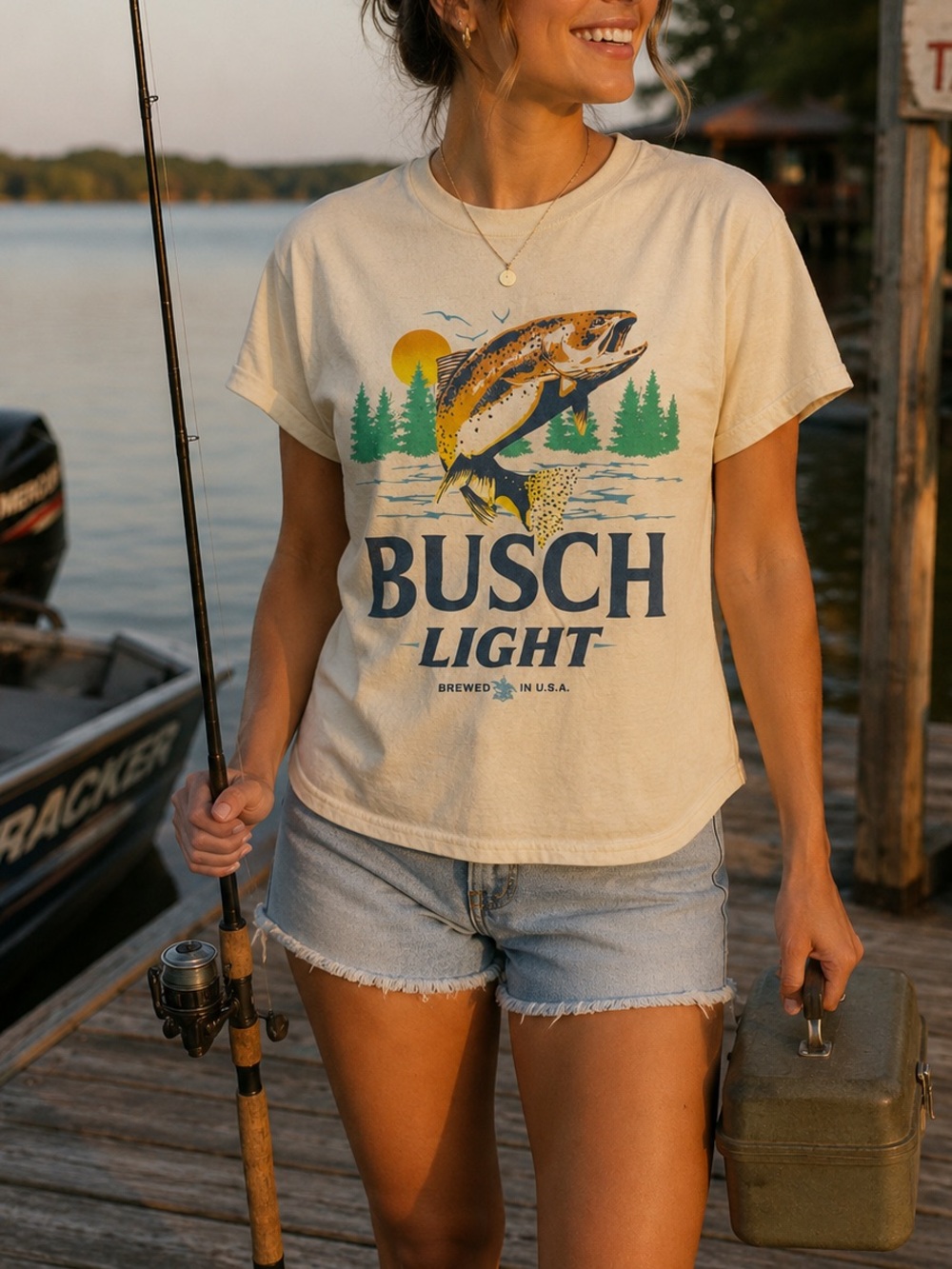 Busch Light Graphic Fishing Tee - Cream with Blue & Green Print
